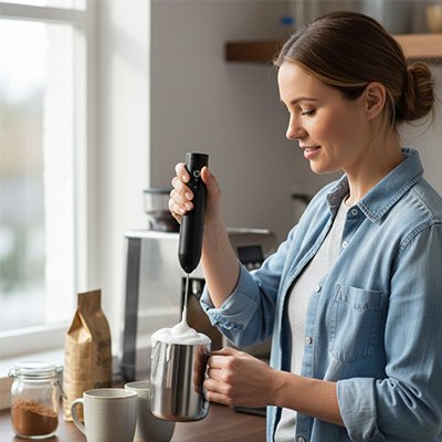 Femme tenant tasse avec mousseur a lait