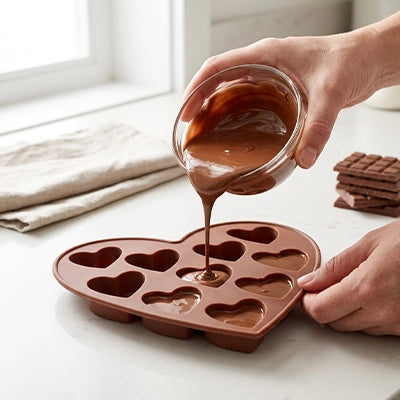 Chocolat fondu versé dans moules en silicone en forme de cœur