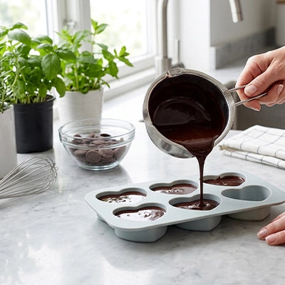 Chocolat fondu versé dans moules en silicone gris en forme de cœur
