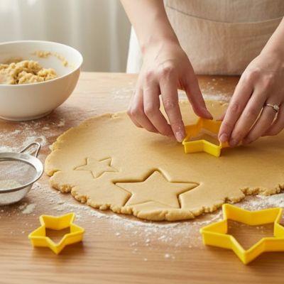 Emporte pièce étoile de Noël découpant des biscuits maison dans une pâte sablée