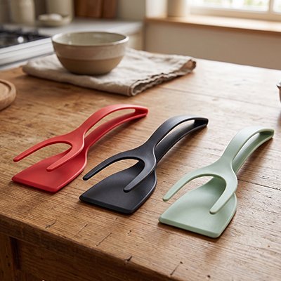 Ensemble de Spatule Cuisine moderne colorée sur plan de travail en bois