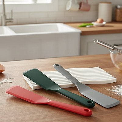 Ensemble de spatule en silicone de cuisine sur une table de travail
