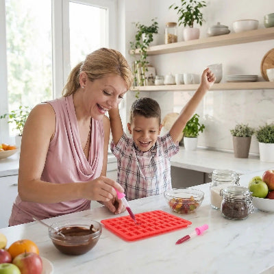 Femme avec petit garçon fessant des bonbons en forme ourses moules en silicone rouge