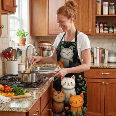 Femme cuisinant avec un tablier de cuisine à motifs de chats dans une cuisine