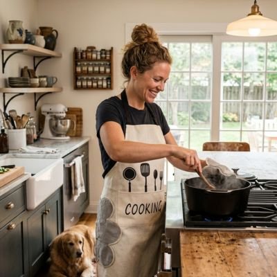 Femme cuisinant avec un tablier de cuisine beige dans une cuisine moderne accompagnée de son chien