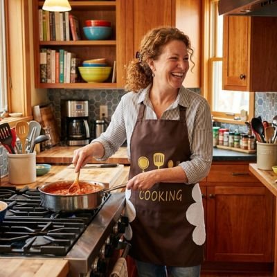 Femme cuisinant avec un tablier de cuisine marron dans une cuisine moderne et chaleureuse