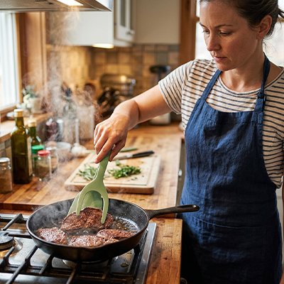 Femme cuisinant avec une Spatule Cuisine ergonomique pour retourner des steaks dans une poêle pendantla cuisson