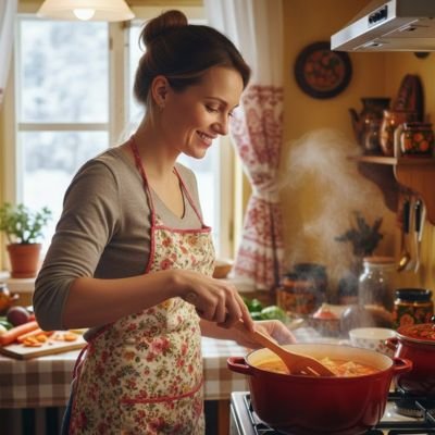 Femme cuisinant avec une spatule en bois dans une cuisine chaleureuse 