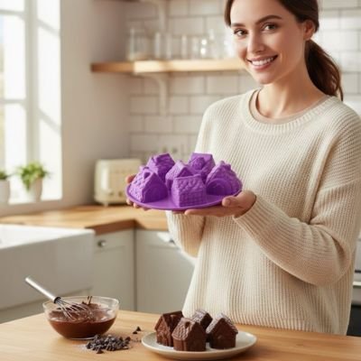 Femme en cuisine tenant des moules en silicone violets pour pâtisserie
