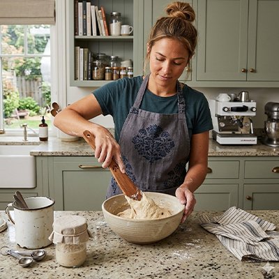 Femme mélangeant avec spatule en bois pâte pour gâteau dans cuisine
