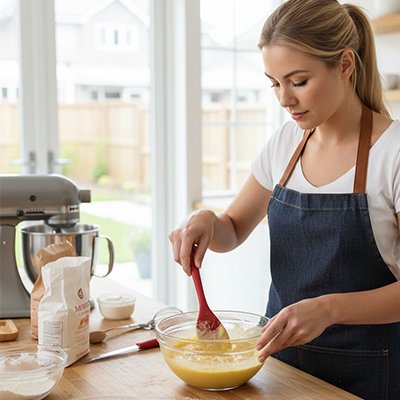 Femme mélangeant jaune œuf avec spatule en silicone couleur rouge 