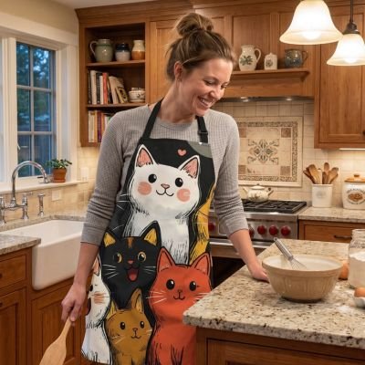 Femme portant un tablier de cuisine à motifs de chats préparant une pâte dans une cuisine chaleureuse