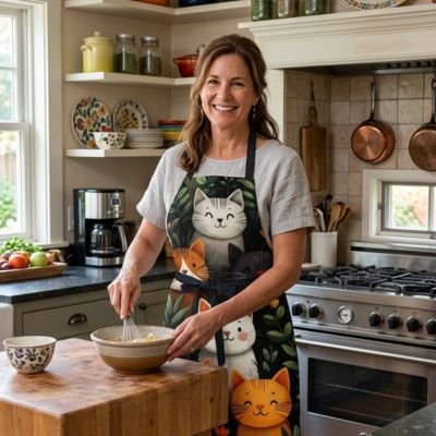 Femme portant un tablier de cuisine à motifs de chats tout en préparant une pâte dans une cuisine moderne