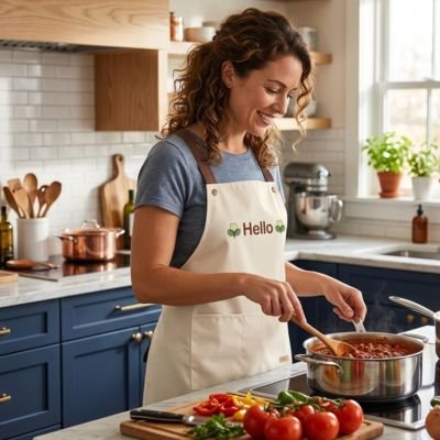 Femme portant un tablier de cuisine en train de préparer un repas dans une cuisine moderne