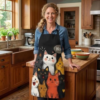 Femme portant un tablier de cuisine noir à motifs de chats dans une cuisine moderne