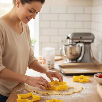 Femme préparant des biscuits de Noël avec emporte pièce étoile jaune sur pâte sablée
