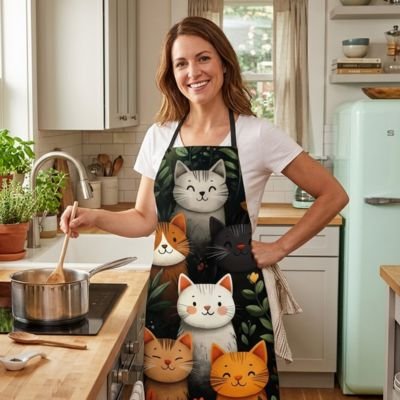 Femme préparant un repas avec un tablier de cuisine à motifs de chats dans une cuisine