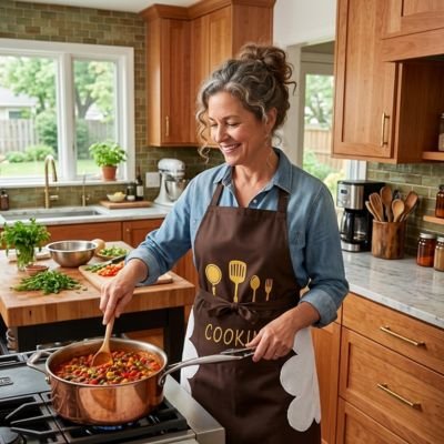 Femme préparant un repas avec un tablier de cuisine marron dans une cuisine