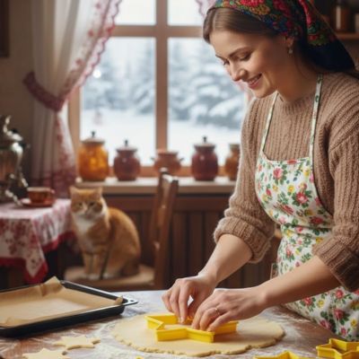Femme réalisant des biscuits de Noël avec emporte pièce étoile dans une cuisine