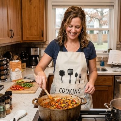 Femme souriante préparant un repas avec un tablier de cuisine beige dans une cuisine