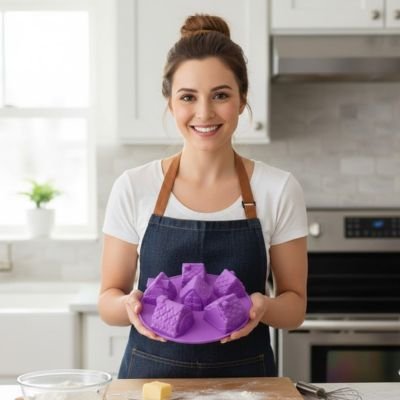 Femme souriante présentant des moules en silicone violets pour pâtisserie 
