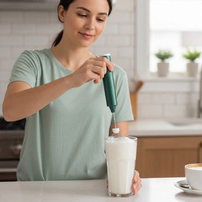 Femme utilise mousseur à lait pour créer une mousse onctueuse dans un verre de lait