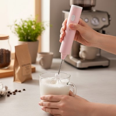 Femme utilise mousseur a lait rose pour mousser lait dans verre