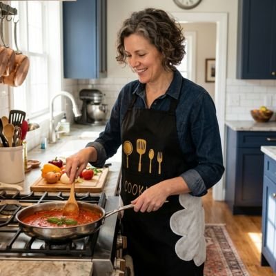 Femme-cuisinant-avec-un-tablier-de cuisine noir dans-une-cuisine 