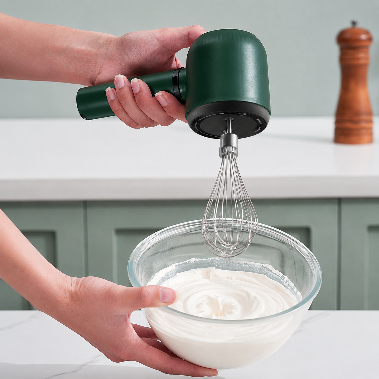 Fouet électrique vert rechargeable fouettant crème légère dans saladier verre