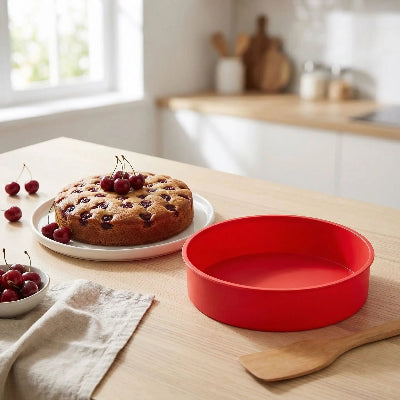 Gateau issu de moule à gâteau rond en silicone sur une table
