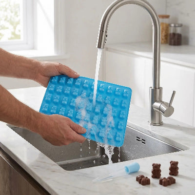 Homme lavant moules en silicone bleue au robinet