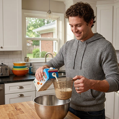 Homme utilisant pichet verre doseur gradué transparent pour mesurer lait dans cuisine moderne