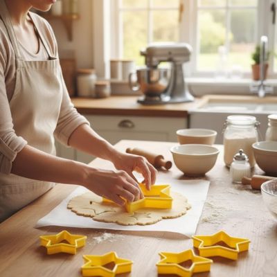 Jeune femme découpant des biscuits maison dans une cuisine lumineuse avec emporte pièce étoile