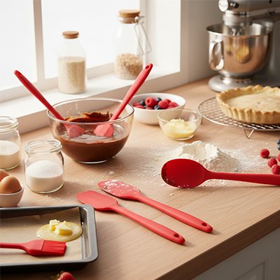 Lot de Spatule Cuisine rouge dans un saladier contenant du chocolat