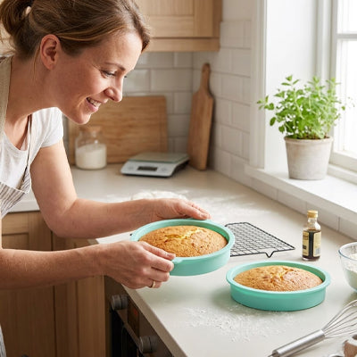 Moule à gâteau en silicone alimentaire rond vert menthe avec préparation de gâteaux maison