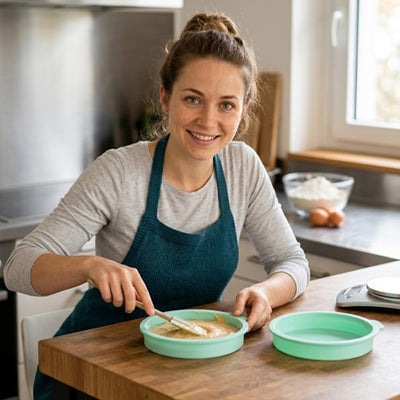 Moule à gâteau en silicone vert menthe utilisé pour préparer la pate à gâteau par une femme