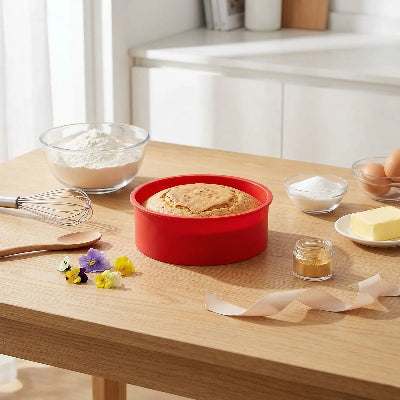 Moule à gâteau rond en silicone contenant un gâteau sur une table de cuisine