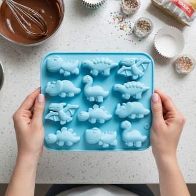 Moule silicone dinosaures bleu tenu en main
