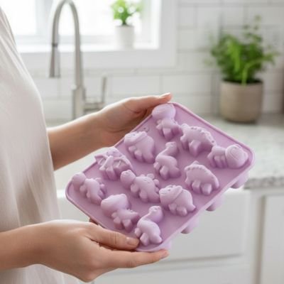 Moule silicone dinosaures mauve tenu en main par une femme