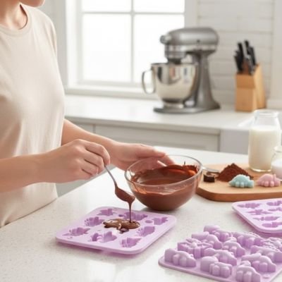 Moule silicone formes variées rempli de chocolat fondu