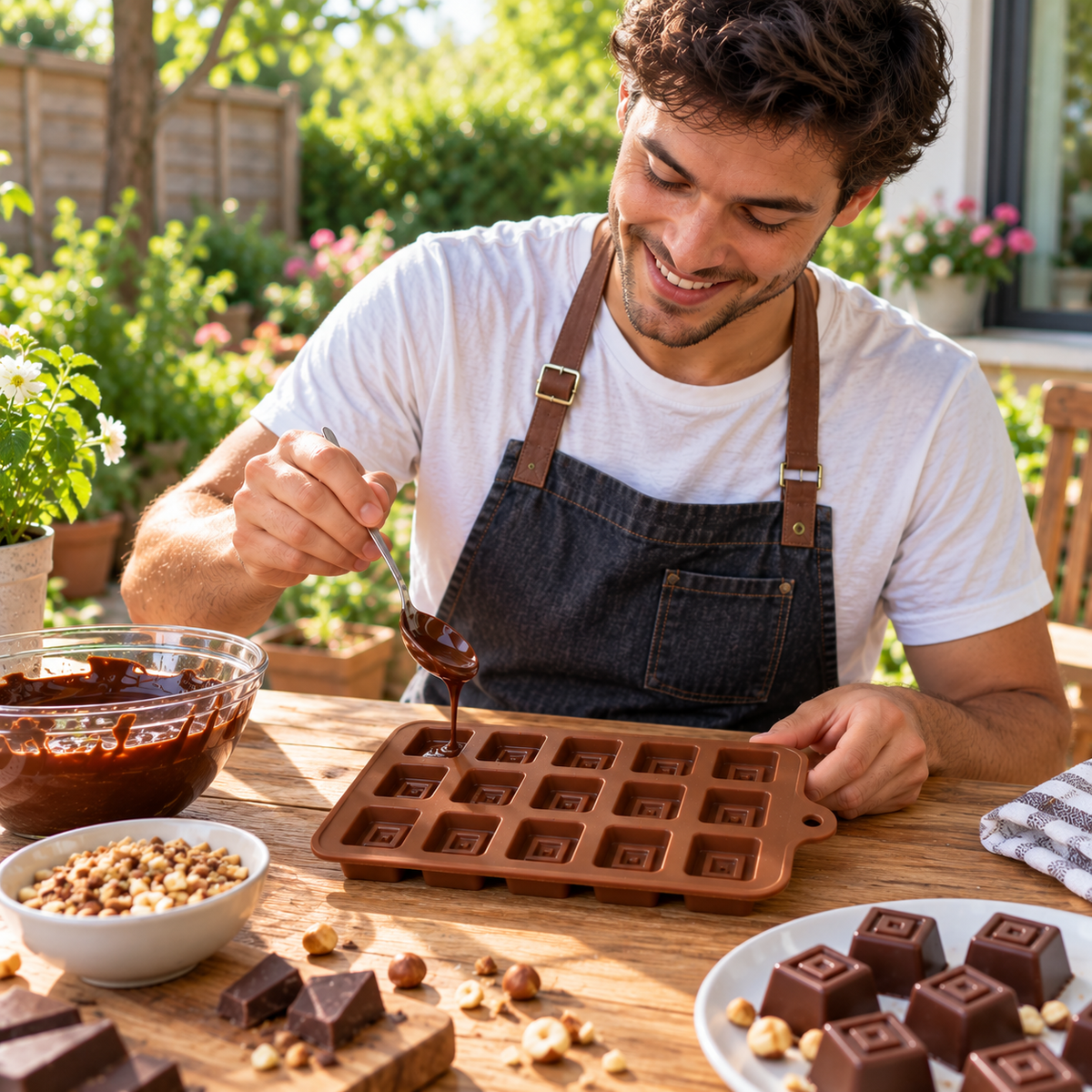 Moule silicone homme sourainte preparant des chocolats maison en forme carre dans un jardin