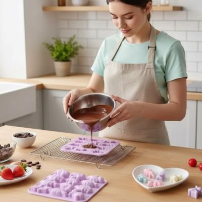 Moule silicone mauve formes variées rempli de chocolat fondu