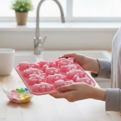 Moule silicone rose formes variées tenu en main par une femme