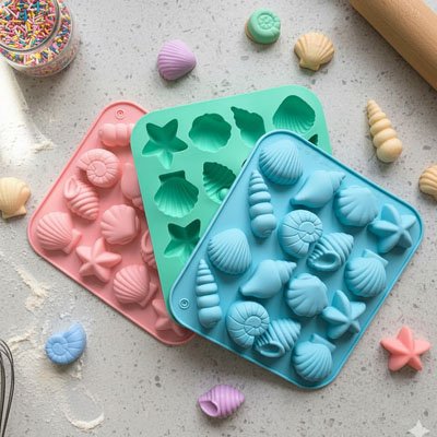 Moules en silicone coquillage colorés pour créer facilement des chocolats, bonbons et décorations originales
