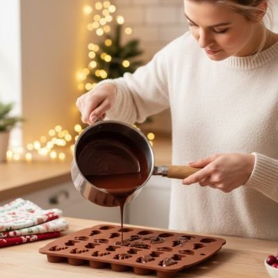 Moules en silicone formes festives remplis de chocolat fondu par une femme