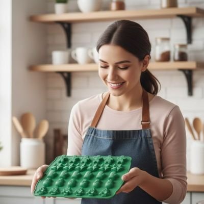 Moules en silicone formes variées verts tenus en main par une femme