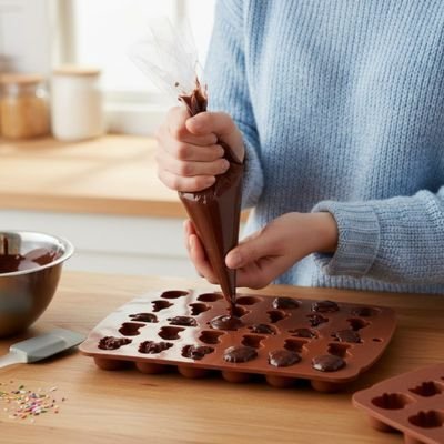 Moules en silicone multi-formes remplis de chocolat à l’aide d’une poche à douille par une femme