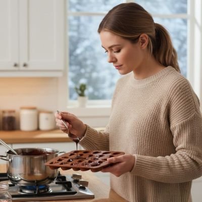 Moules en silicone remplis de chocolat à la cuillère en cuisine par une femme