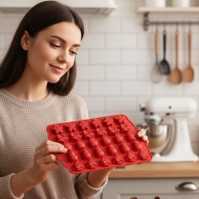 Moules en silicone rouges multi-formes tenus en main par une femme
