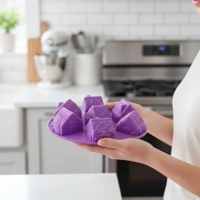 Moules en silicone violet avec gâteaux en forme de maisons